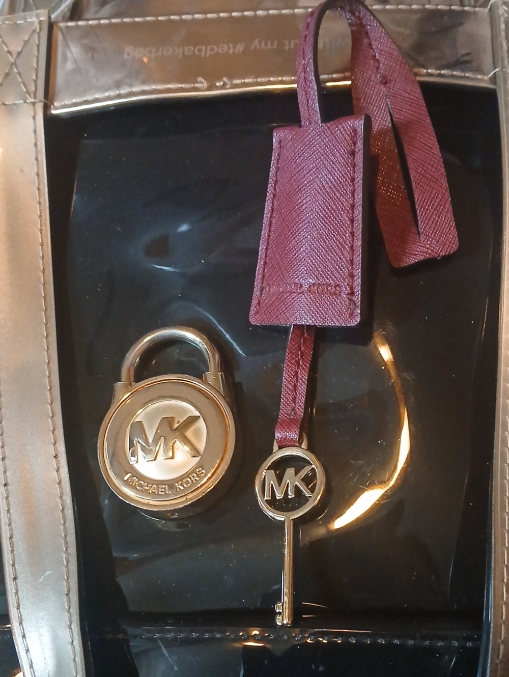 Michael Kors Plum Leather Key Fob with Gold-Tone MK Lock and Key